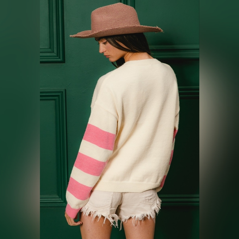 BiBi Colorful Floral Patched Sweater with Striped Sleeve - Picture 8 of 15